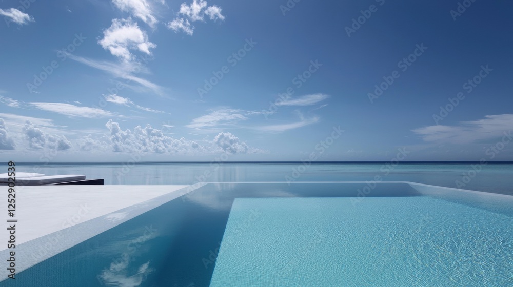 Beautiful landscape of a swimming pool with a stunning view of the ocean. the sky is a clear blue with a few white clouds scattered across it. Beautiful landscape of a swimming pool with a stunning view of the ocean. the sky is a clear blue with a few white clouds scattered across it.