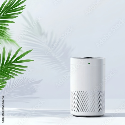 White air purifier next to green plant for improved air circulation and indoor environment enhancement
