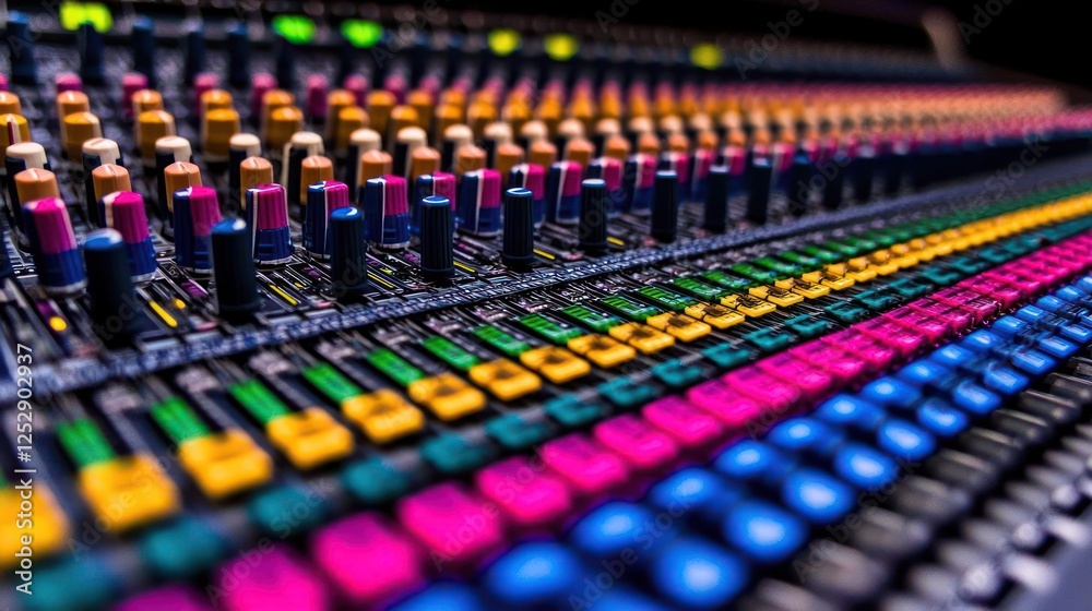 Colorful Audio Mixing Console Close Up Colorful Audio Mixing Console Close Up