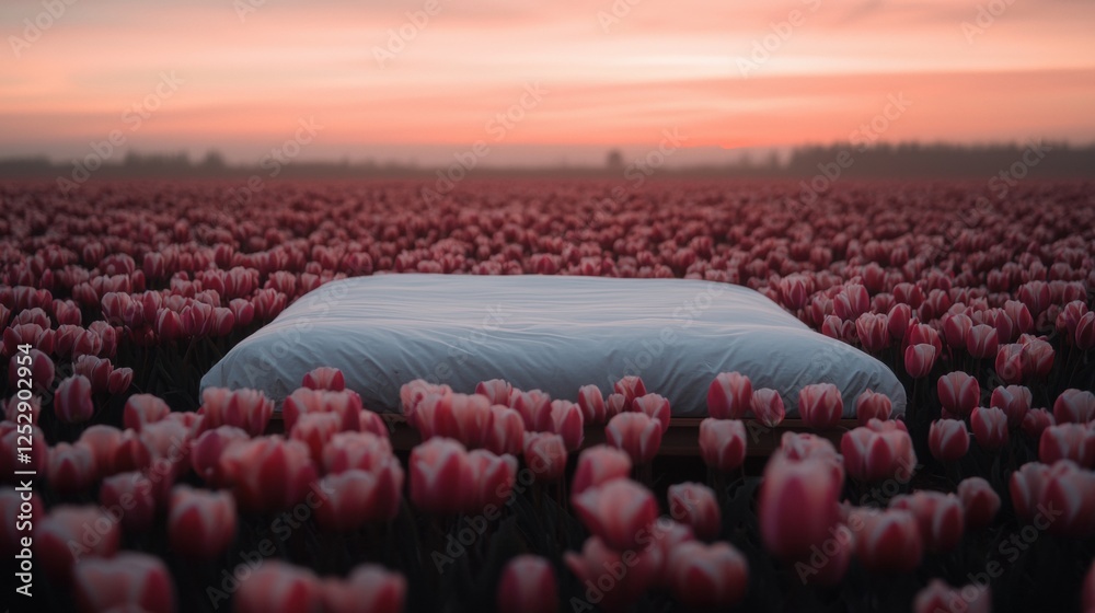 Fototapeta premium Bed in the middle of a field of pink tulips. the bed is covered with a white mattress and is positioned in the center of the field.