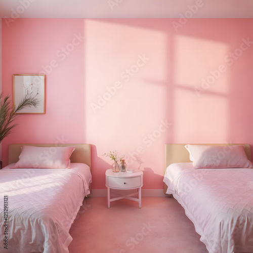Brightly Lit Pink Bedroom: Two Beds, Soft Pink Hues