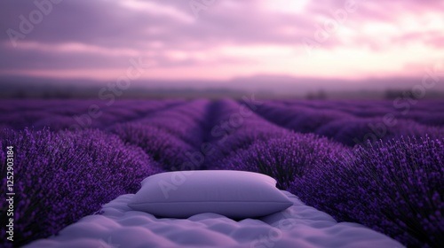 Beautiful landscape of a lavender field at sunset. the sky is filled with pink and purple hues, with the sun setting in the background.
