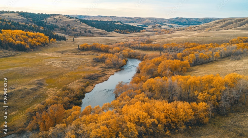 Autumn River Valley Panorama: Golden Trees and Serene Waters Autumn River Valley Panorama: Golden Trees and Serene Waters