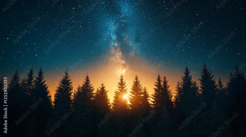 Fototapeta premium Celestial Symphony, Golden Glow Illuminating a Starry Forest Canopy