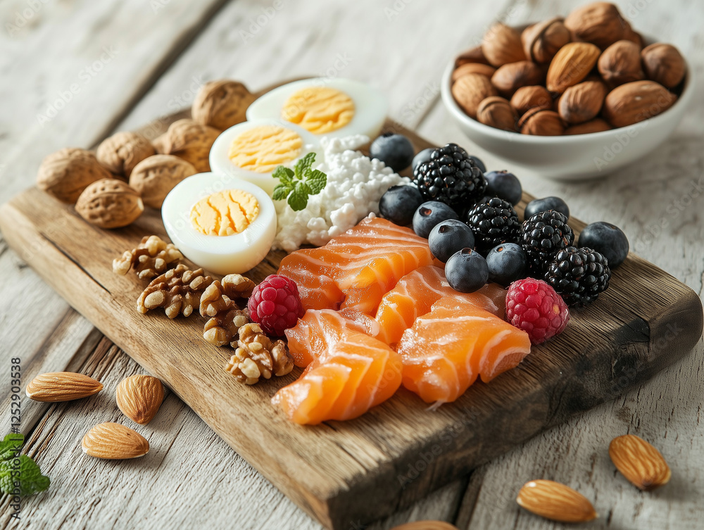 A protein-packed breakfast board with smoked salmon, Greek yogurt topped with honey and almonds, and whole-wheat crackers. A protein-packed breakfast board with smoked salmon, Greek yogurt topped with honey and almonds, and whole-wheat crackers.