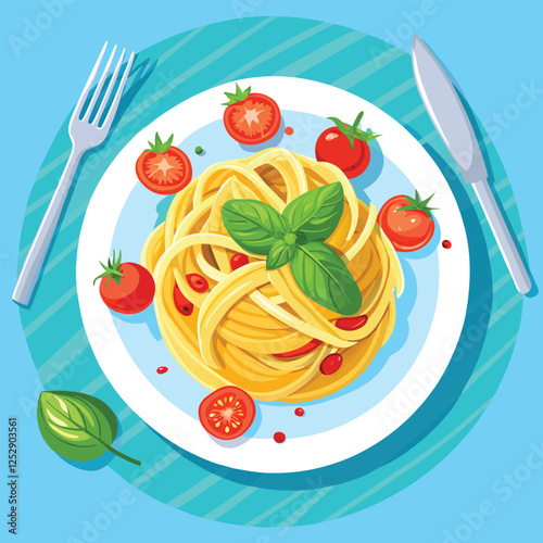 Spaghetti Pasta in plate with tomatos, basil, mozzarella in cartoon style top view detailed and textured isolated on white background. food, italian cuisine