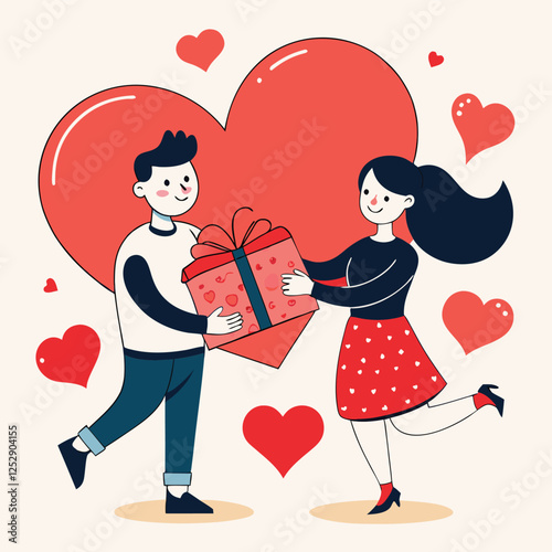 Love tenderness and romantic feelings concept. Young loving smiling couple boy and girl standing hugging embracing each other feeling in love vector illustration