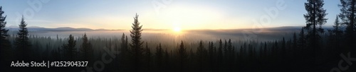 Landscape photograph of a sunrise over a forest. the sky is a beautiful shade of blue and orange, with the sun partially visible in the top right corner.