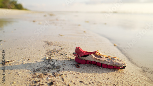 Discarded sneakers on a sandy beach with ocean in the background, shoe waste pollution in nature