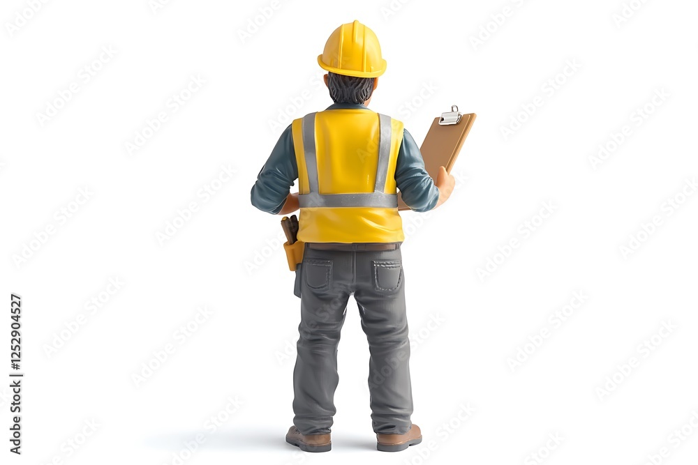 Laborer in protective gear and uniform holding a writing pad and equipment belt, standing in front of a plain background. Laborer in protective gear and uniform holding a writing pad and equipment belt, standing in front of a plain background.