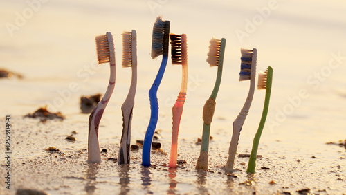 Plastic toothbrush waste on a sandy beach with ocean in background,  contributing to pollution of marine environment, trash in nature