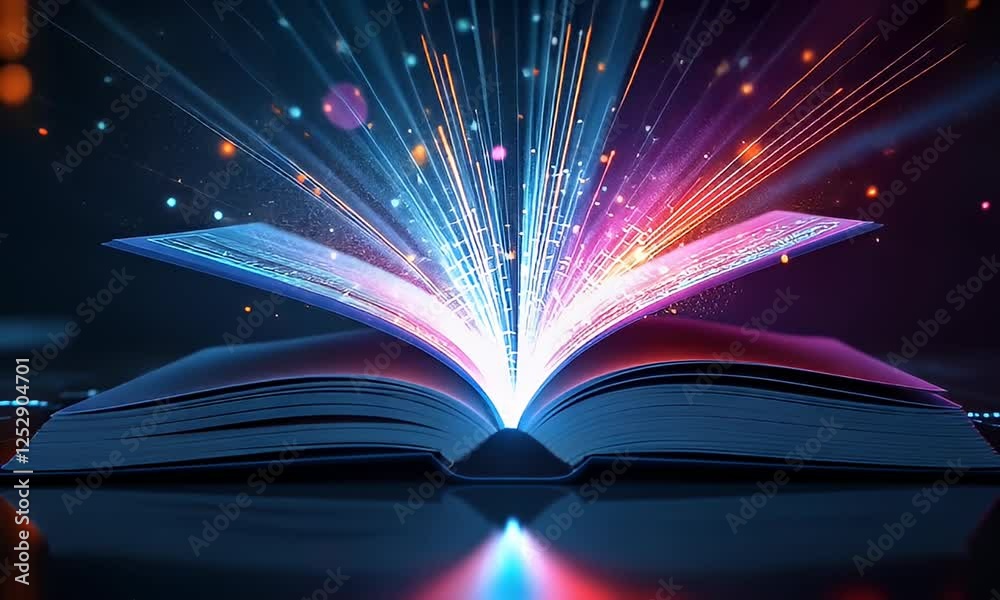 Glowing open book, digital knowledge, future tech background, education concept