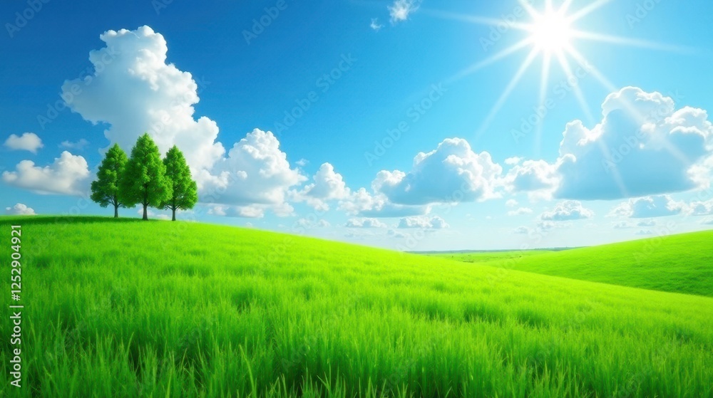 Obraz premium Serene Meadow Landscape Featuring Lush Green Grass Under a Bright Sunny Sky with Puffy White Clouds and Three Trees on a Gentle Hill