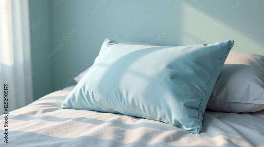 Serene Sunlight Illuminates Soft, Light Blue Pillow on a Crisp White Bed Serene Sunlight Illuminates Soft, Light Blue Pillow on a Crisp White Bed