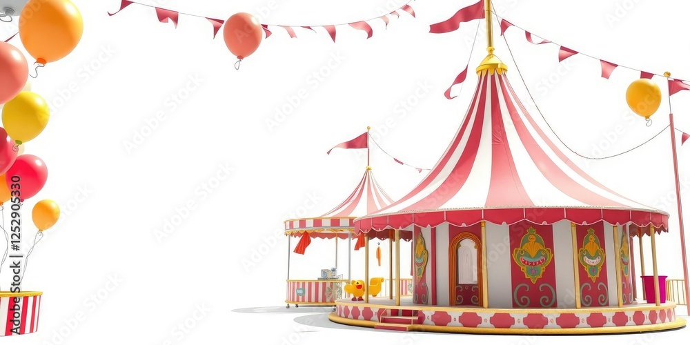Whimsical carnival scene on white background with balloons streamers and carnival games, streamers, white background Whimsical carnival scene on white background with balloons streamers and carnival games, streamers, white background