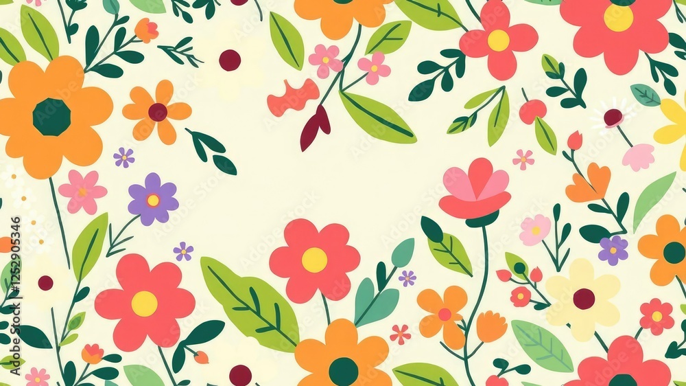 Whimsical floral pattern featuring a mix of flowers and leaves with playful shapes and bright colors, whimsical floral patterns, organic shapes Whimsical floral pattern featuring a mix of flowers and leaves with playful shapes and bright colors, whimsical floral patterns, organic shapes