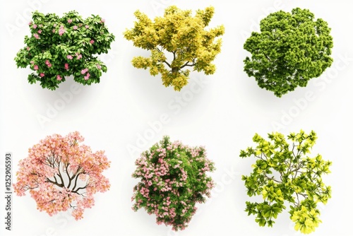 Top View Collection of Colorful Trees and Shrubs on White Background for Design
