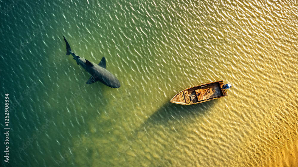 Fototapeta premium An aerial view of a wooden boat floating in clear water with the shadow of a large shark swimming beneath, symbolizing the contrast of danger hidden beneath calm waters.