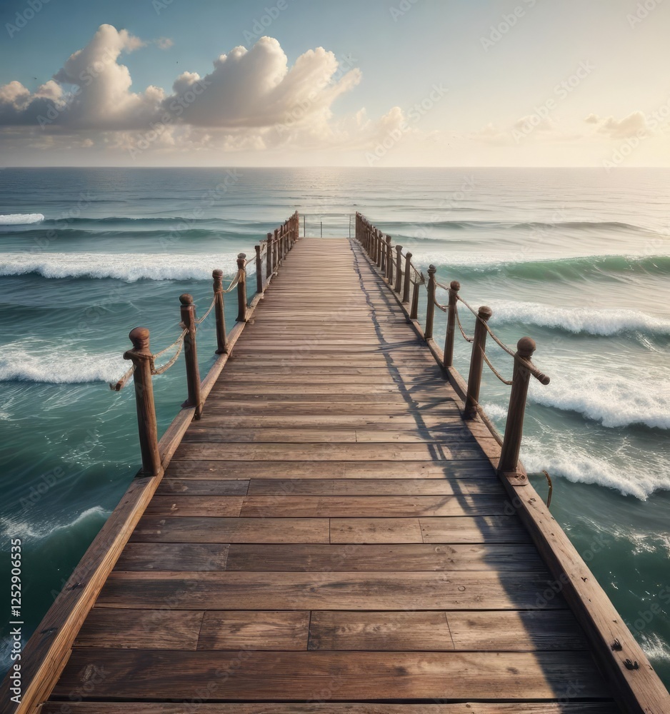 Fototapeta premium Vintage wooden walkway leading to the endless sea, beauty, deck