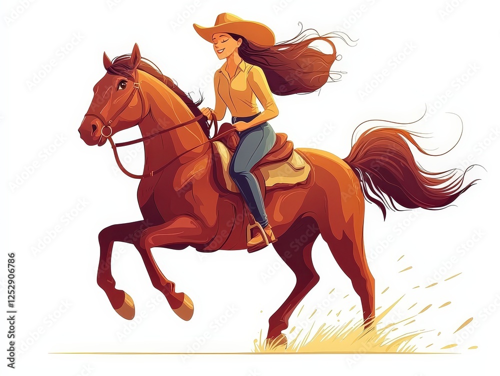 Cartoon people woman riding horse illustration isolated on solid white background
