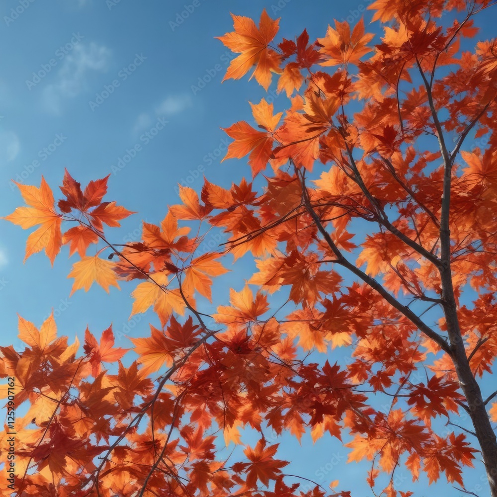Vibrant orange and red maple leaves against a blue sky , vibrant, outdoor, foliage Vibrant orange and red maple leaves against a blue sky , vibrant, outdoor, foliage
