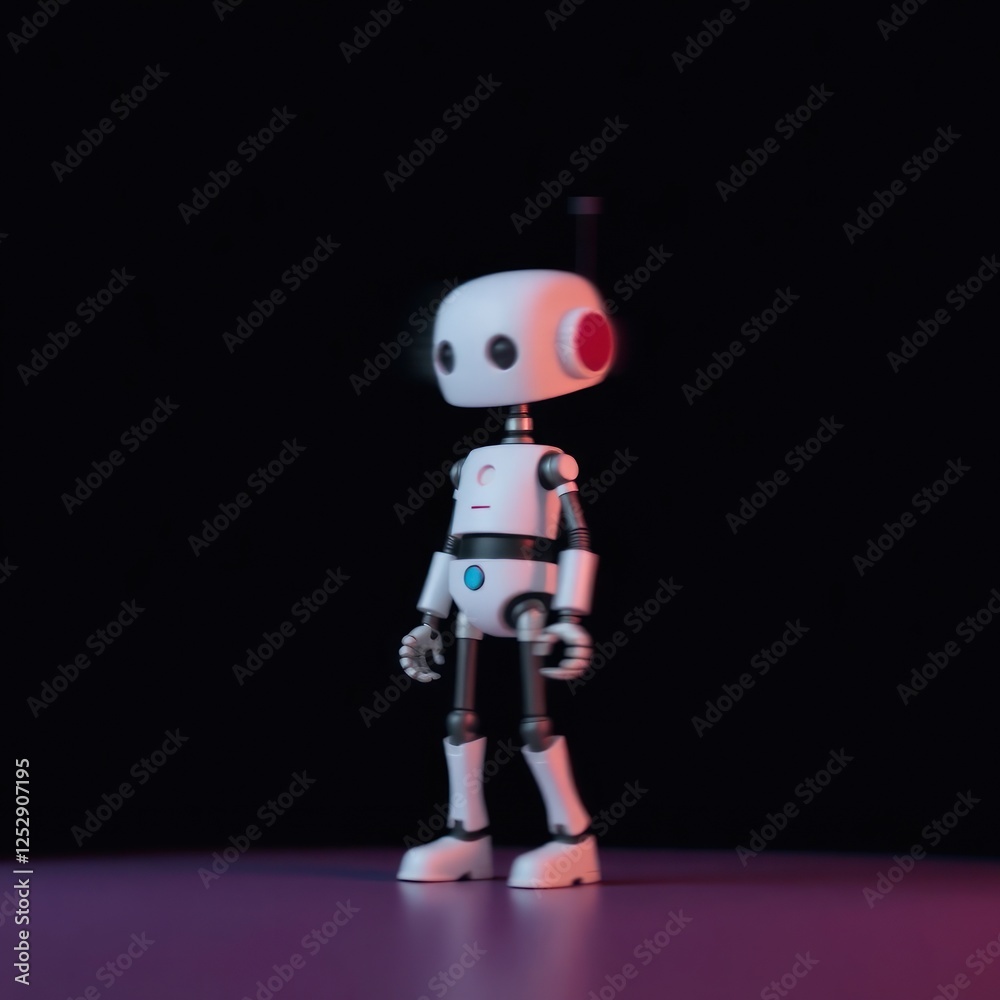 Naklejka premium A small, friendly robot with a retro design stands in a dark setting, illuminated by soft lights