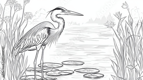 Elegant Heron Stands by Tranquil Lake Surrounded by Water Lilies