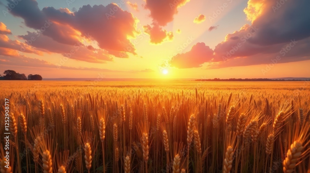 Golden Wheat Field Basking in the Warm Glow of a Vibrant Sunset Golden Wheat Field Basking in the Warm Glow of a Vibrant Sunset
