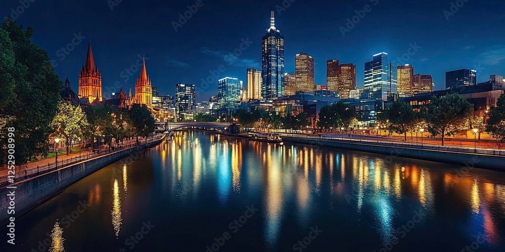 Obraz premium Melbourne City Night Skyline River Reflections