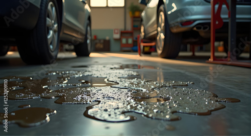 Spilled motor oil on the floor in a garage at a crime scene

