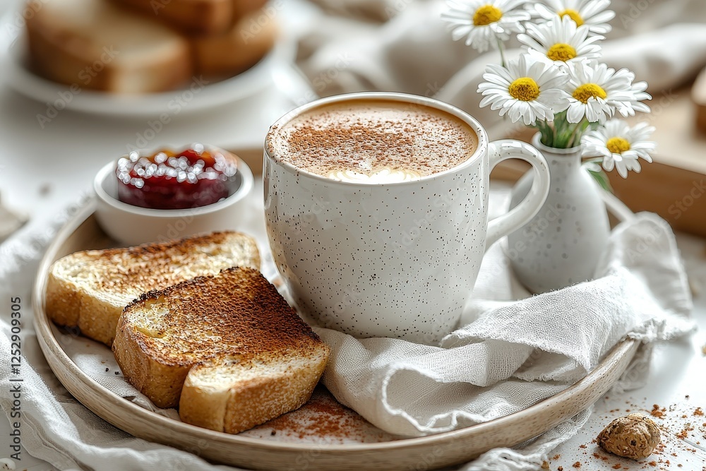 Tray with cappuccino with cinnamon, toasts with jam, linen napkin, and a bouquet of daisies in a small vase. Tray with cappuccino with cinnamon, toasts with jam, linen napkin, and a bouquet of daisies in a small vase.