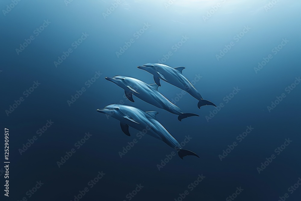 Naklejka premium Three dolphins swim in sync in deep blue water, highlighting graceful movement and unity of this extinct species. Underwater elegance, strength, and beauty of these rare aquatic mammals.