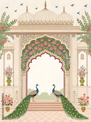 Elegant Mughal archway illustration with regal peacocks and floral decorations