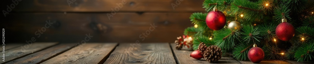 Wooden Christmas scene with fir tree and festive decorations, evergreen, decoration Wooden Christmas scene with fir tree and festive decorations, evergreen, decoration