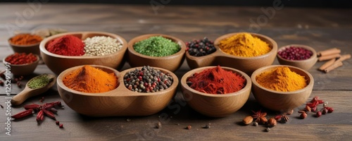 Wallpaper Mural Wooden bowls of vibrant colorful spices on rustic background, ingredients, assorted, rustic Torontodigital.ca