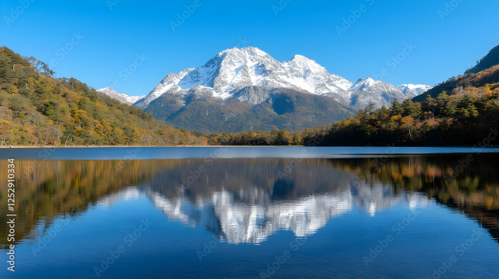 Autumn lake reflecting snowy mountain Autumn lake reflecting snowy mountain