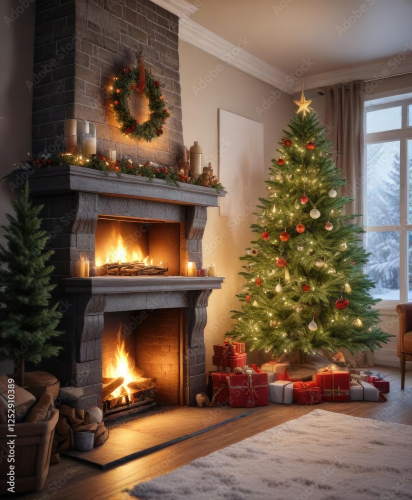 Winter wonderland around a fireplace with Christmas tree, snowflakes falling, cozy ambiance, snow-covered ground Winter wonderland around a fireplace with Christmas tree, snowflakes falling, cozy ambiance, snow-covered ground