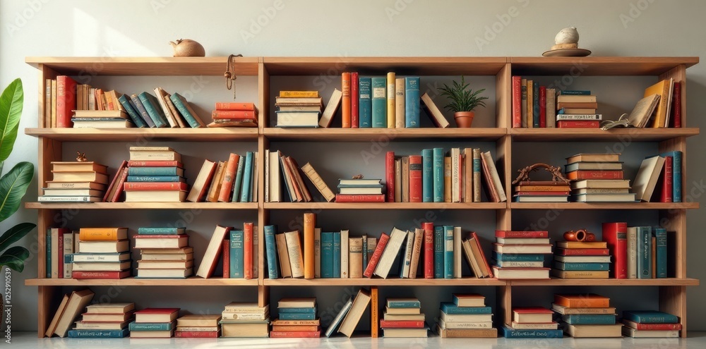 A well-organized collection of numerous books, neatly arranged on wooden shelves, showcasing a variety of colors and sizes, creating a visually appealing and aesthetically pleasing library setting. A well-organized collection of numerous books, neatly arranged on wooden shelves, showcasing a variety of colors and sizes, creating a visually appealing and aesthetically pleasing library setting.