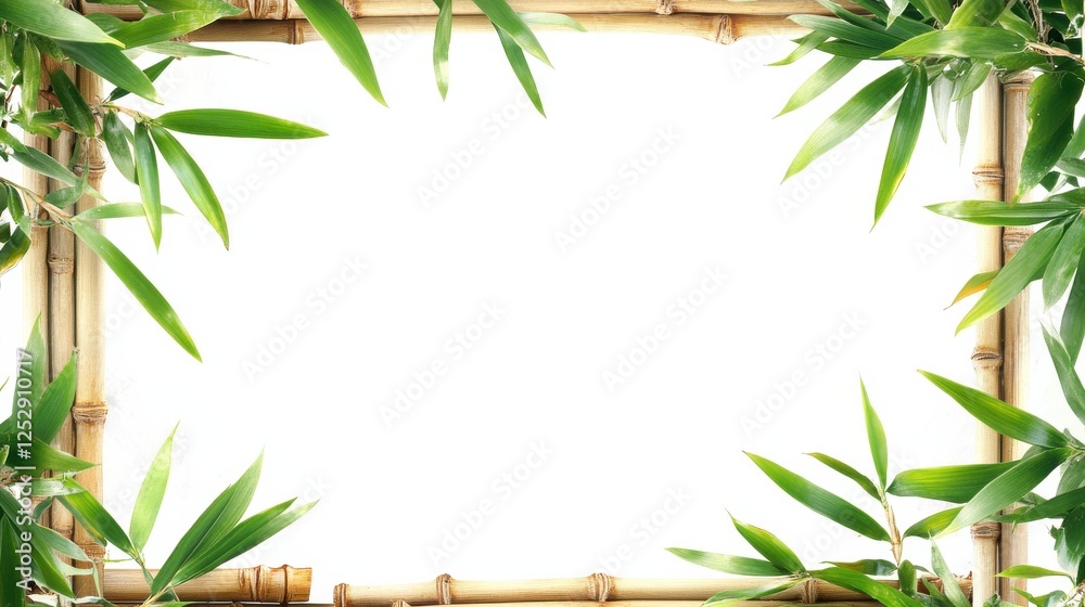 Fototapeta premium Bamboo Frame with Green Leaves on White Background for Decoration