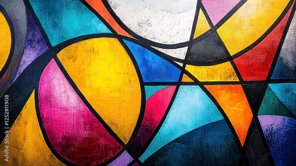 Fototapeta premium Abstract geometric composition featuring vibrant color blocks and dynamic shapes on a textured canvas ideal for modern art display and creative inspiration.