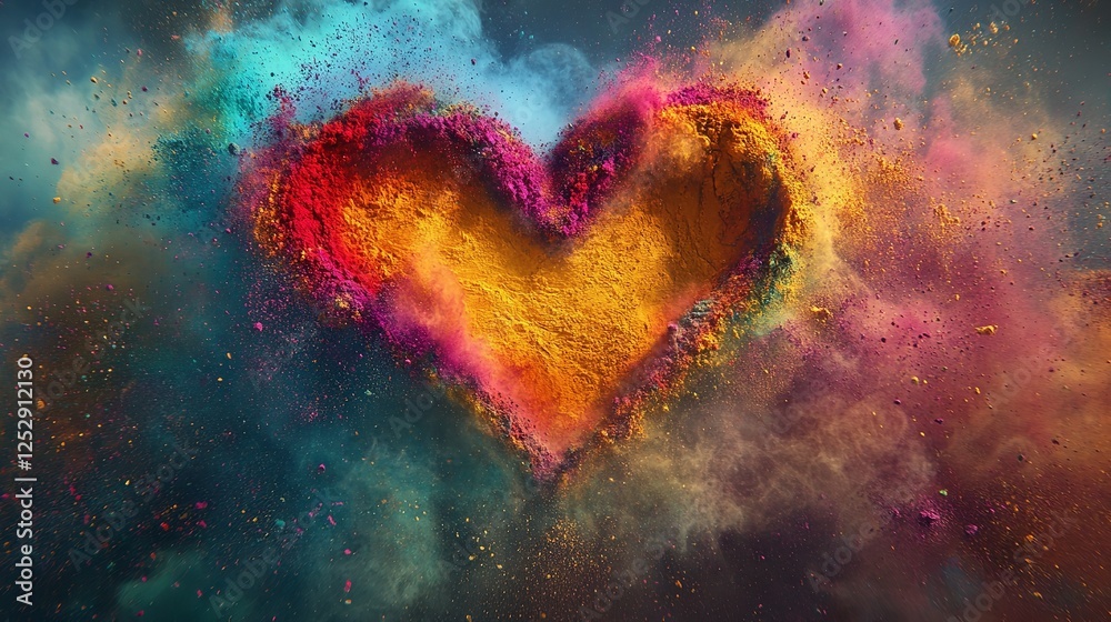 Dynamic splashes of Holi pigments forming a radiant heart on a dark background, with room for text. Dynamic splashes of Holi pigments forming a radiant heart on a dark background, with room for text.