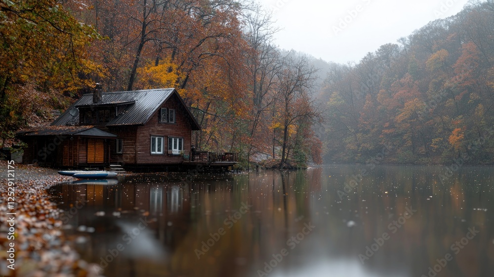 Fototapeta premium Autumn lake house, misty forest, calm water, fall foliage, nature retreat
