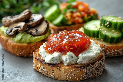Wallpaper Mural Mini bruschettas: goat cheese with tomato jam, mushrooms with cashew cream, and avocado with cucumber and kimchi. Torontodigital.ca
