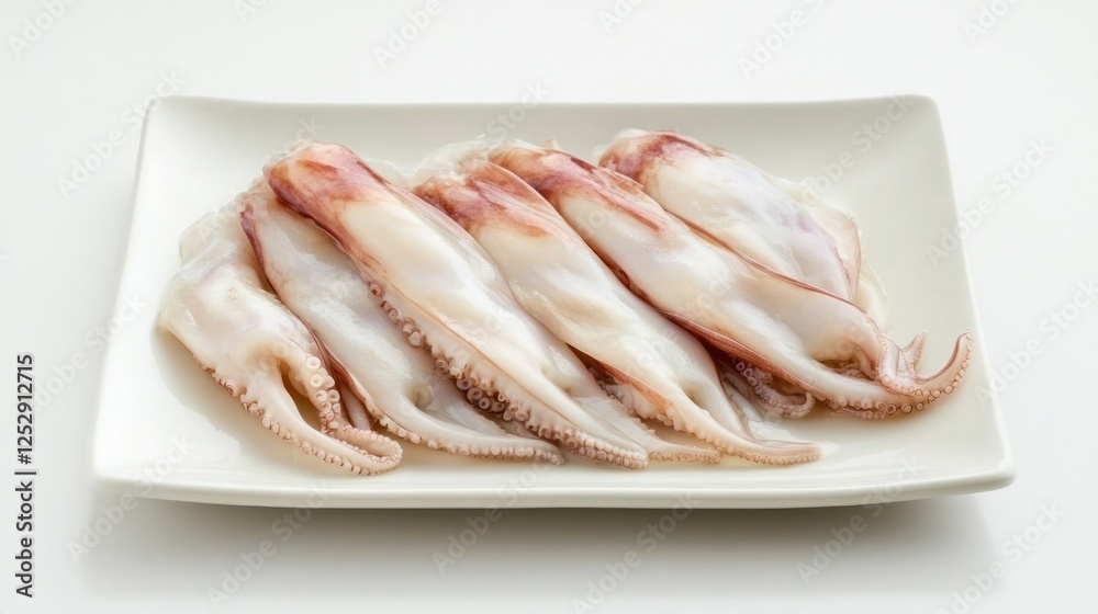 Fresh squid tentacles on plate, white background, food prep Fresh squid tentacles on plate, white background, food prep