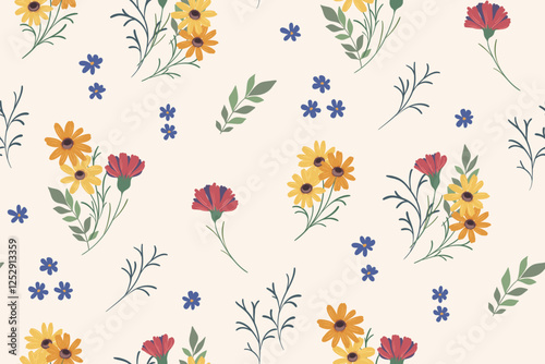 Seamless floral pattern, simple ditsy print, nature ornament of hand drawn wild plants. Botanical design with wild flowers, small yellow flowers, leaves. Vector illustration.