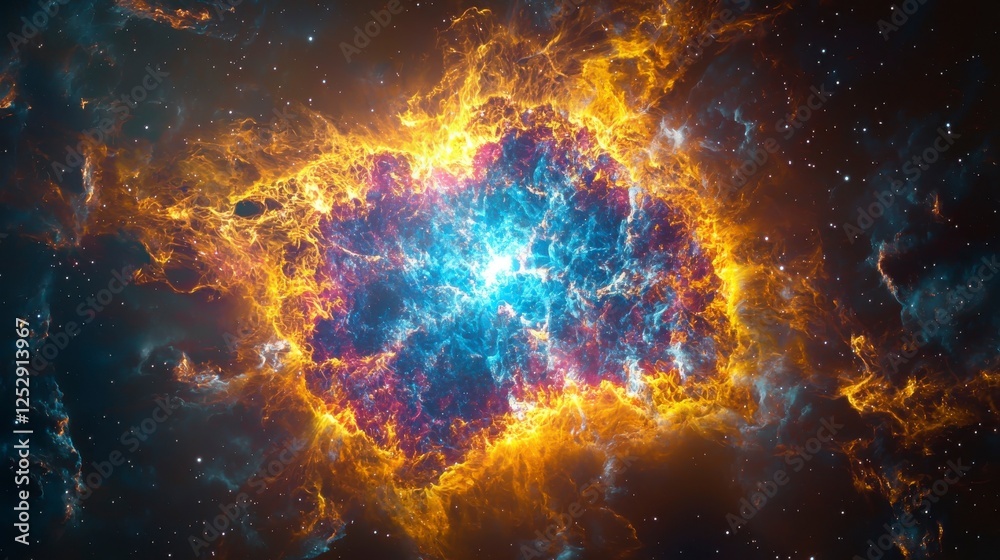 Naklejka premium Bright and Colorful Cosmic Explosion in Space with Vibrant Flame-like Structures and Stars Twinkling in the Background