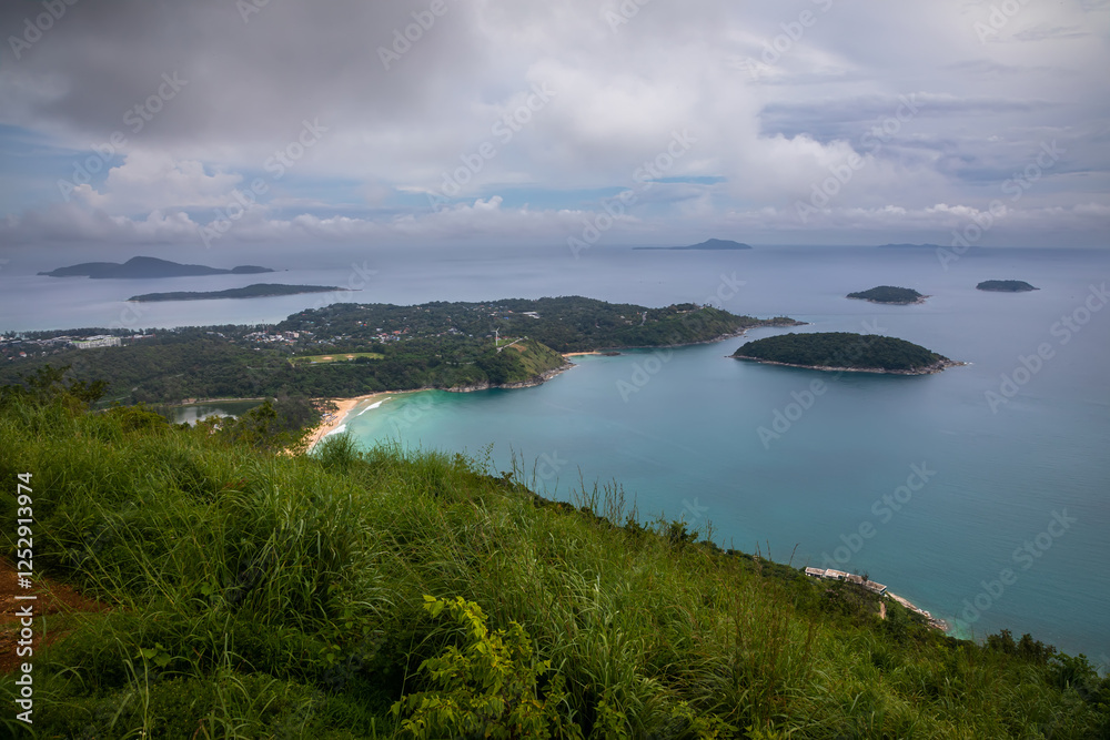 Beautiful landscape from the observation deck. Sea, islands and beach in the distance. Sunny summer day. Beautiful landscape from the observation deck. Sea, islands and beach in the distance. Sunny summer day.