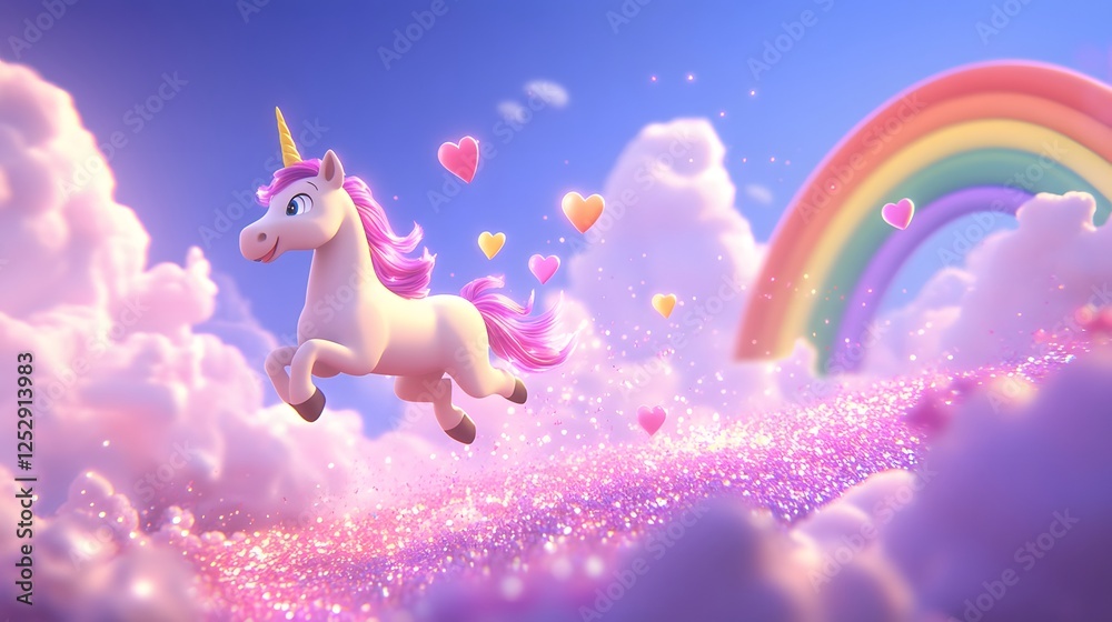 Obraz premium Enchanted Unicorn Galloping Through Colorful Rainbow and Clouds