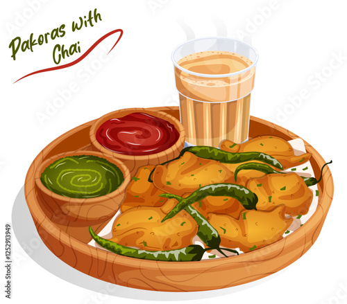 Spicy Pakoras with Masala Chai, Mint Chutney and Ketchup served in Wooden Thali. Popular Asian Fried Street Snacks Illustration