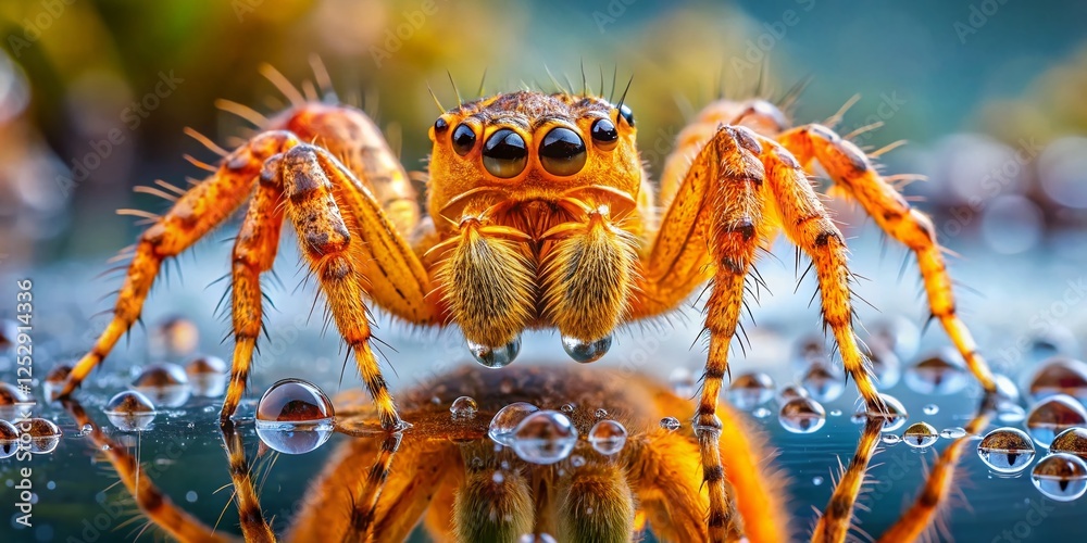 Fototapeta premium Close-Up of Orange Spider with Water Droplet Reflection - Macro Photography